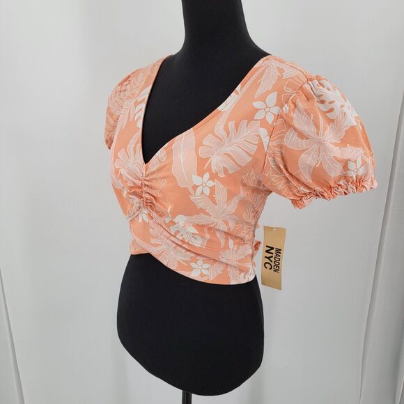 Madden NYC Top Juniors Large Crop Puff Sleeves Tie Back Floral Padded NEW - Picture 3 of 10